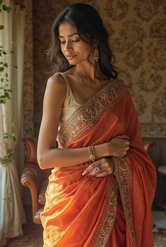 Monica Belluci in Indian saree with joy extra detailed face full body slim figure
