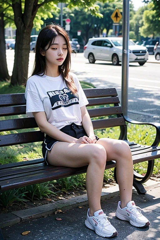 (masterpiece,Highest quality,Very detailed:1.6),whole body,, (alone,One Girl,Beautiful attention to detail:1.2),, city,street,Thick legs, Squat, Natural Pantyhose, Vans Sneakers,One girl,shirt,Pleated skirt, , Sitting, whole body, (Zhou Haoguang:1.3),(Structure of the film:1.3),(Neon Light:0.1),(High resolution:0.1),Accent lighting, White Pantyhose,