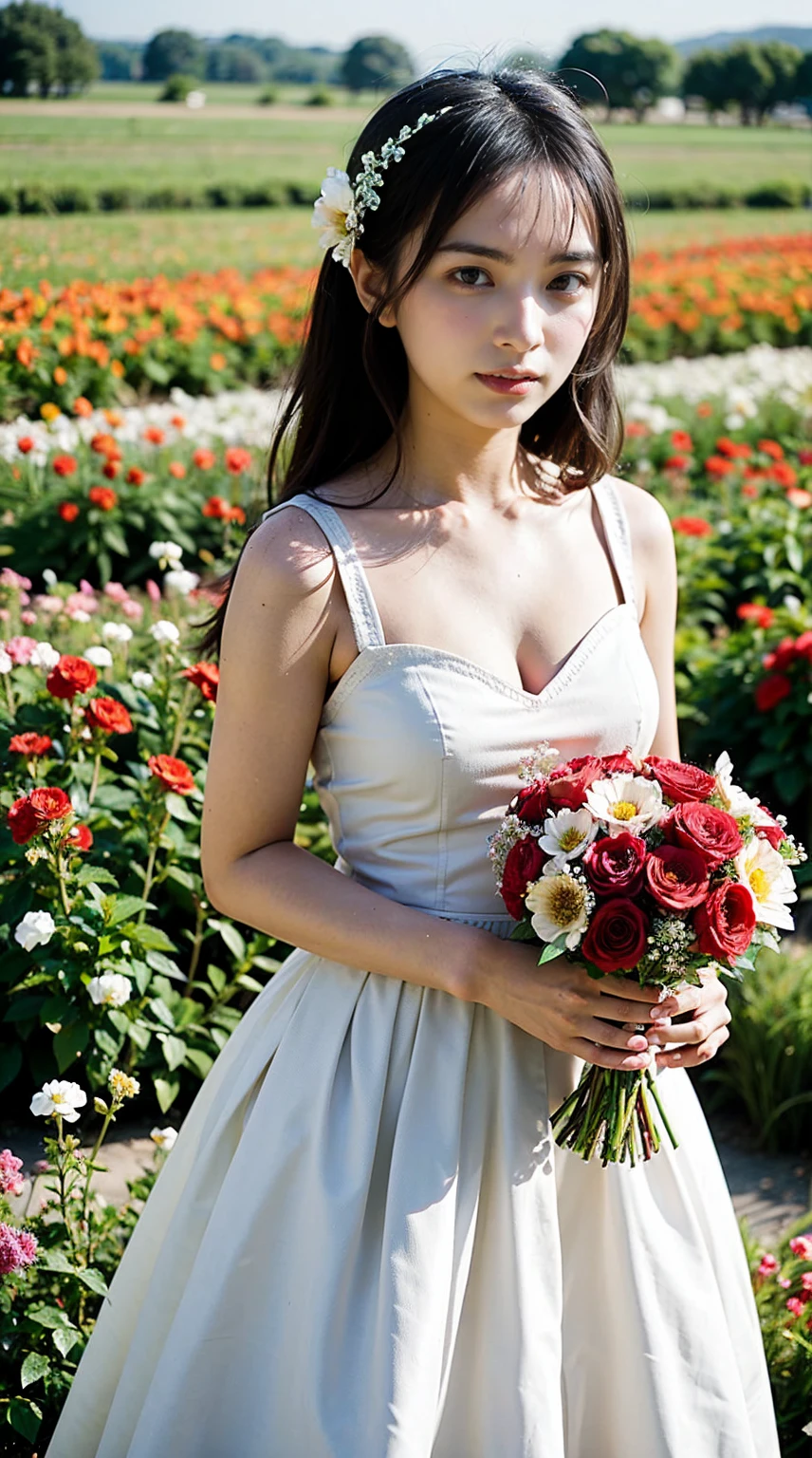 dark theme , (best quality, masterpiece:1.2), 18yo girl in garden, afraid, smirk face, black cleavage dress, black flowers, (red flowers mess in background:1.3), view from above, wide view