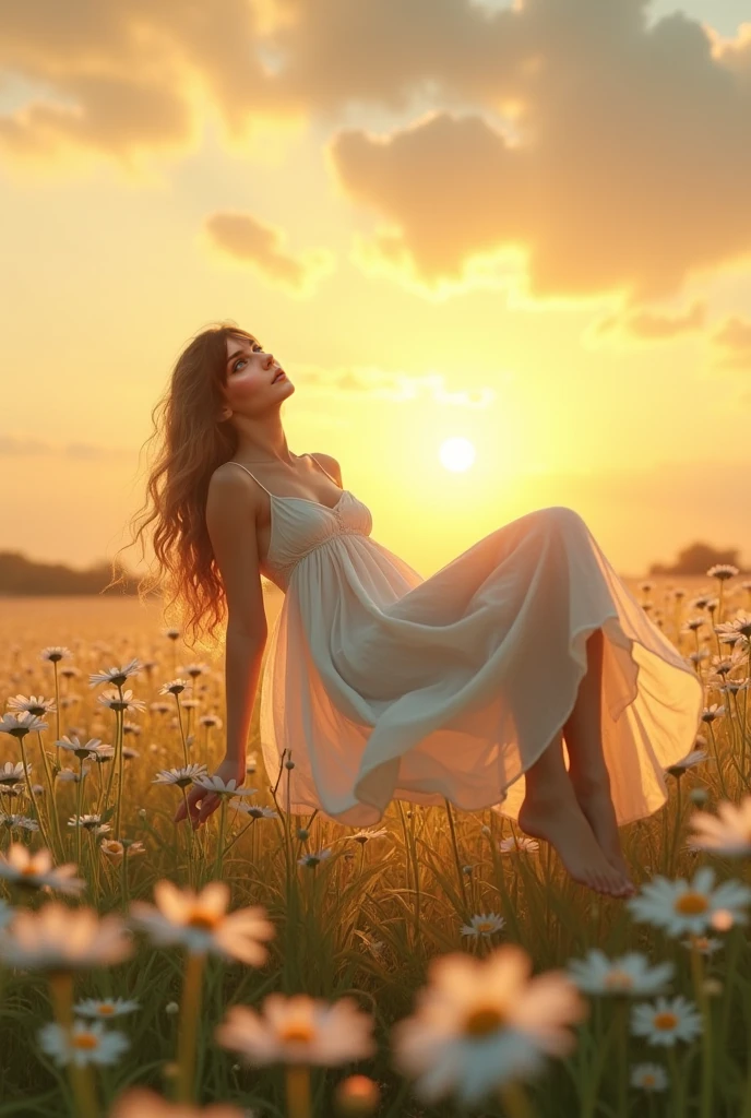 drawing of a woman sitting in a meadow looking at the sky