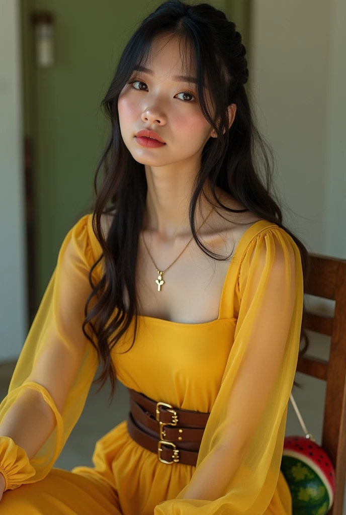highest quality, shape, Super detailed, finely, High resolution, 8k wallpaper, 完璧なダイナミックな構shape, beautiful skin, Big eyes that shine like jewels, (18 year old beautiful girl:1.6), natural color lip, random sexy pose, middle of chest, smile, Highly detailed face and skin texture, fine eyes, double eyelid,Leaking teeth and smiling, close, from below, Brown hair long hair, (Bright yellow dress:1.2), city