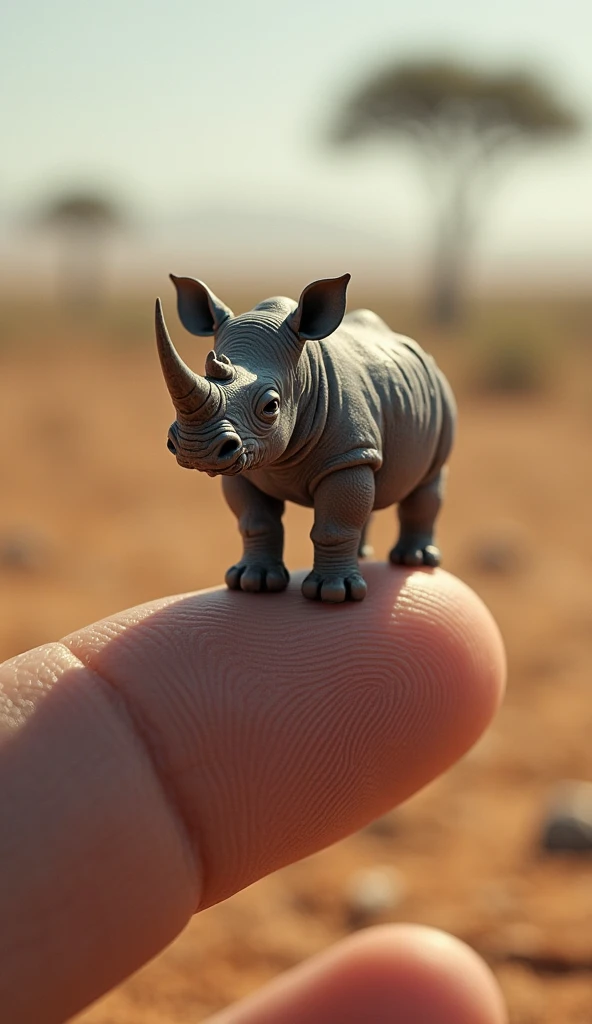 Photorealistic, 34k, A micro baby rhino perched on a human finger