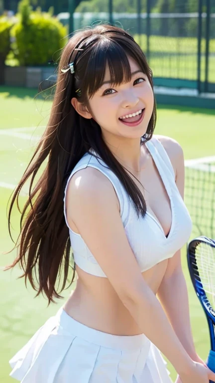 Highest quality、超A high resolution、(Photorealistic:1.5)、1 girl、(Brown Hair:1.2)、(Big Breasts:1.2)、Shortcuts、Playing tennis、Tennis court、Crouching、Whole Body Ezbian、Smile、Bikini Swimwear、Bad Eyes、Shooting from various angles、, (Fascinating),