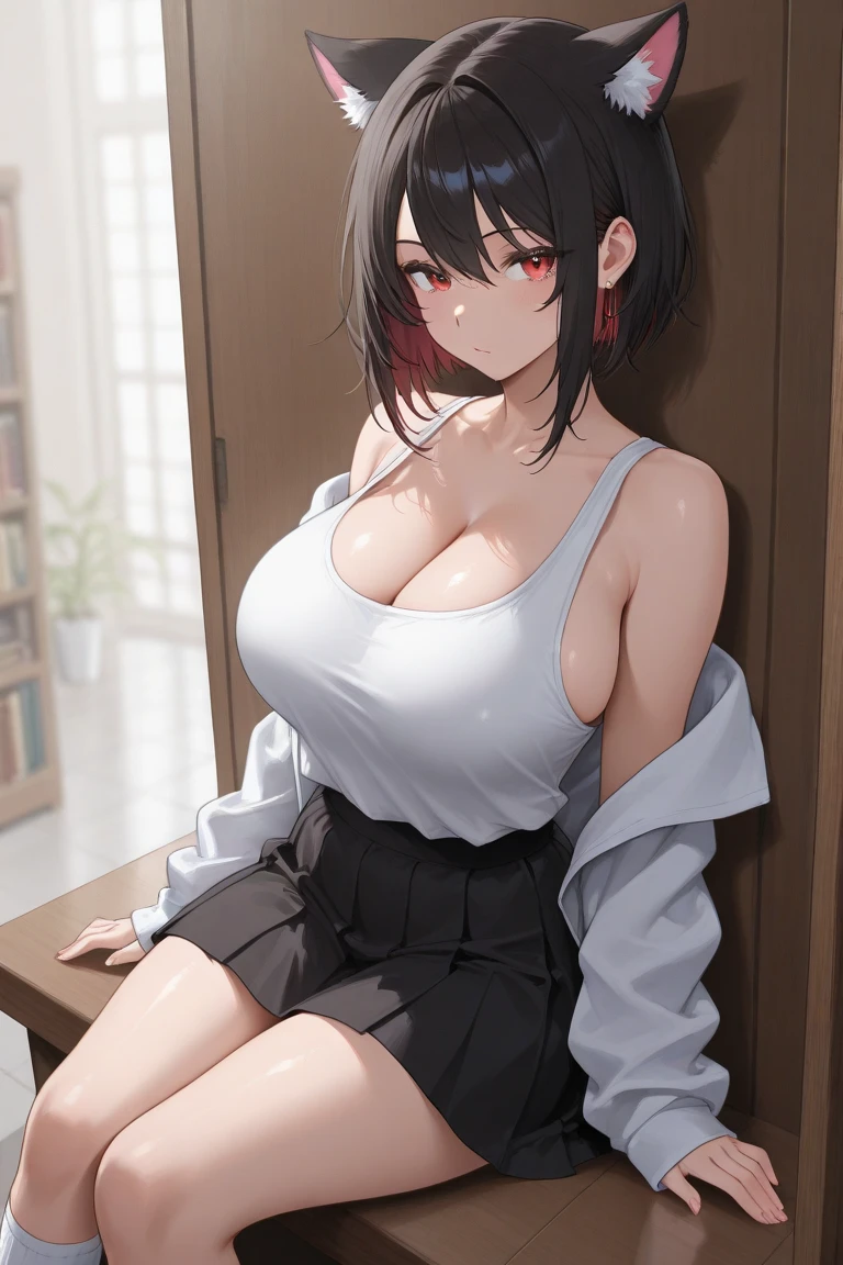 atoumegumi, megumi katou, brown hair, short hair, (Brown eyes:1.7), break , Red jacket, Long sleeve, Knee socks,, white Knee socks, (Red jacket:1.5), Open cardigan, Open clothes, break looking at viewer, break indoors, classroom, break (masterpiece:1.2), highest quality, Highest Resolution, unity 16k wallpaper, (shape:0.8), (Beautiful details:1.6), Highly detailed face, Perfect lighting, Extremely detailed CG, (Perfect hands, Perfect Anatomy),((Very large breasts:1.5)),,((1 girl:1.6)),((Showing detailed underwear in white:1.3)),((White hair band:1.2)) 