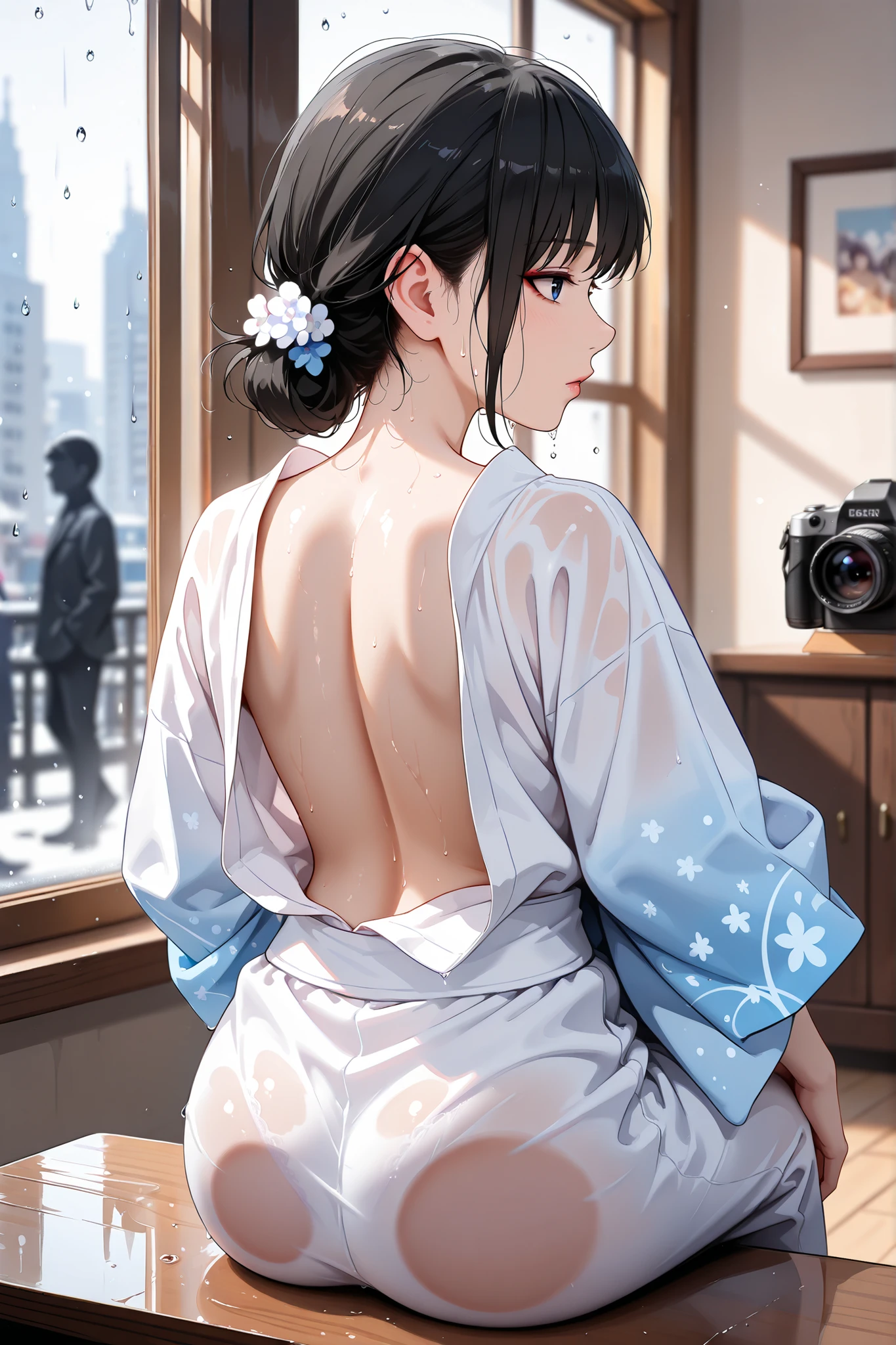 A 20s Japanese woman, sitting with her back turned, resting her elbows on a table near a bay window, looking outside. Her silhouette shows only her back or side profile (no facial features visible). The woman is positioned on the left one-third of the image, and the remaining two-thirds show the window and rainy cityscape beyond. Camera angle is from a slightly elevated rear perspective. It's a cold April evening, with grey and blue tones dominating the color palette.
Raindrops shimmer on the glass and stream down slowly. The melancholic atmosphere reflects the woman's emotional state. Through the blurred glass, a distant male figure walks away down the wet street, very small and not facing the window, symbolizing emotional distance and irreconcilable differences. 16:9 aspect ratio, photorealistic 4K quality, cinematic mood.