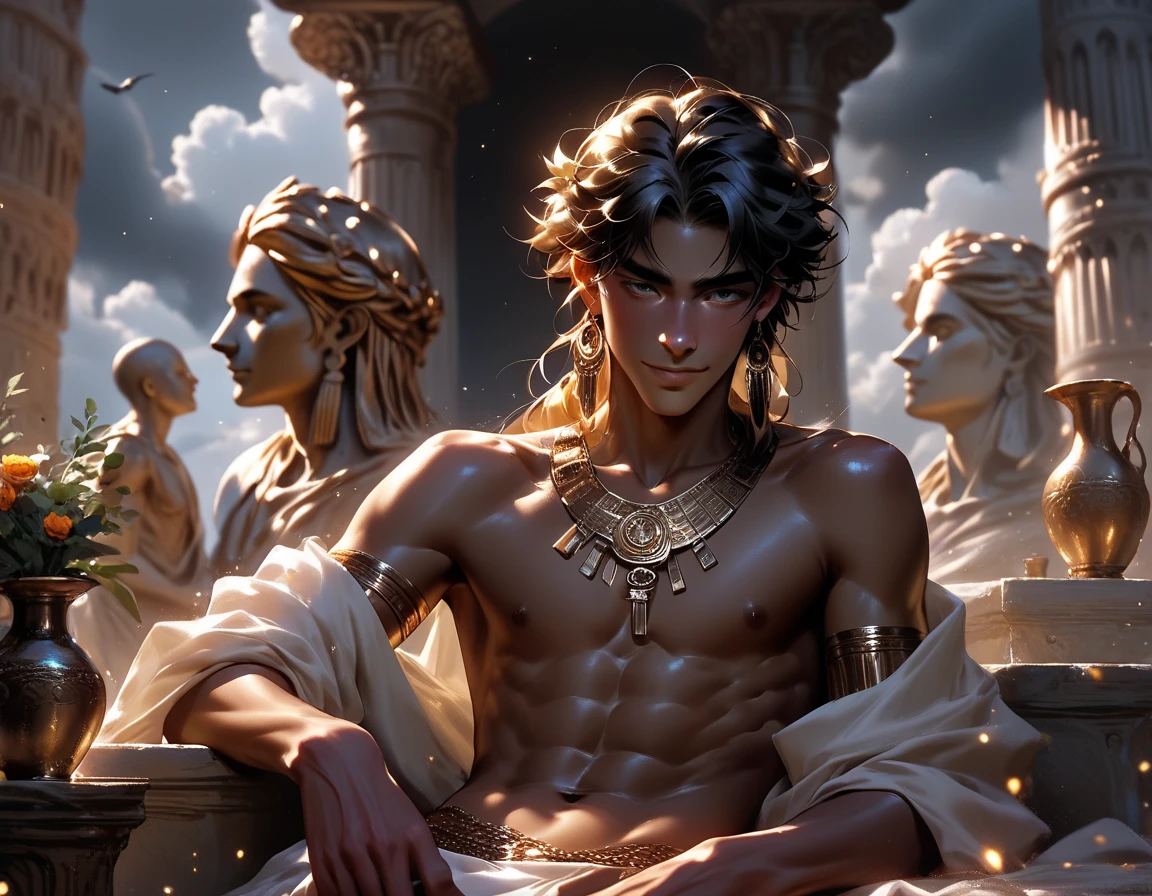 Young muscular Greek god with black curly hair and dark complexion with a marked member between the clouds and the temple of Olympus with a laurel wreath on his head with a harp in his hand