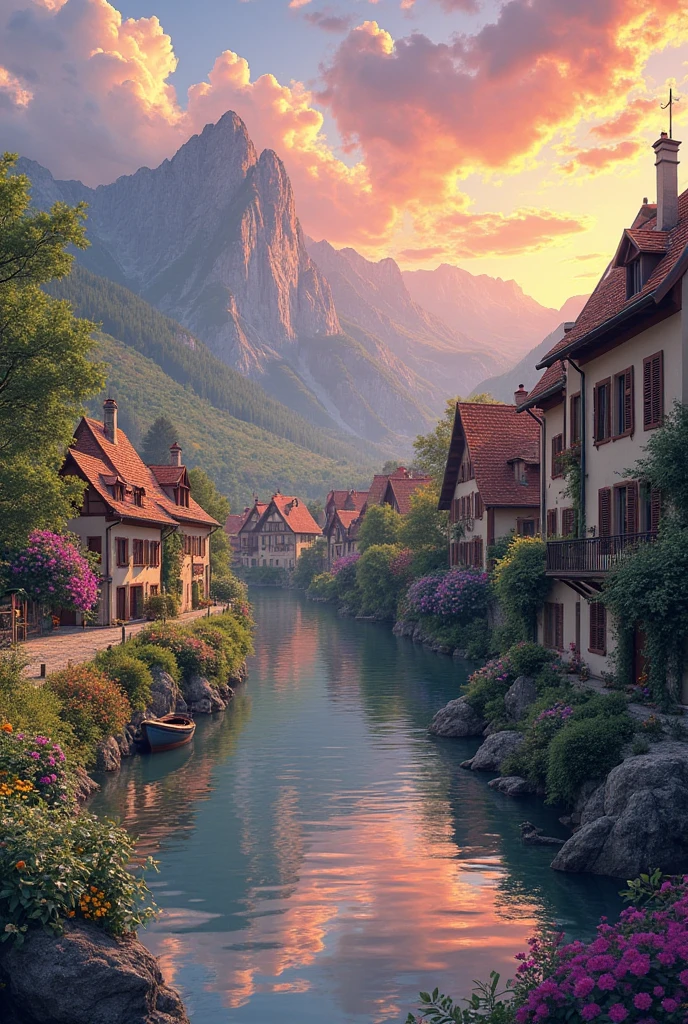 A small riverside village, mountains in the background, colorful ...