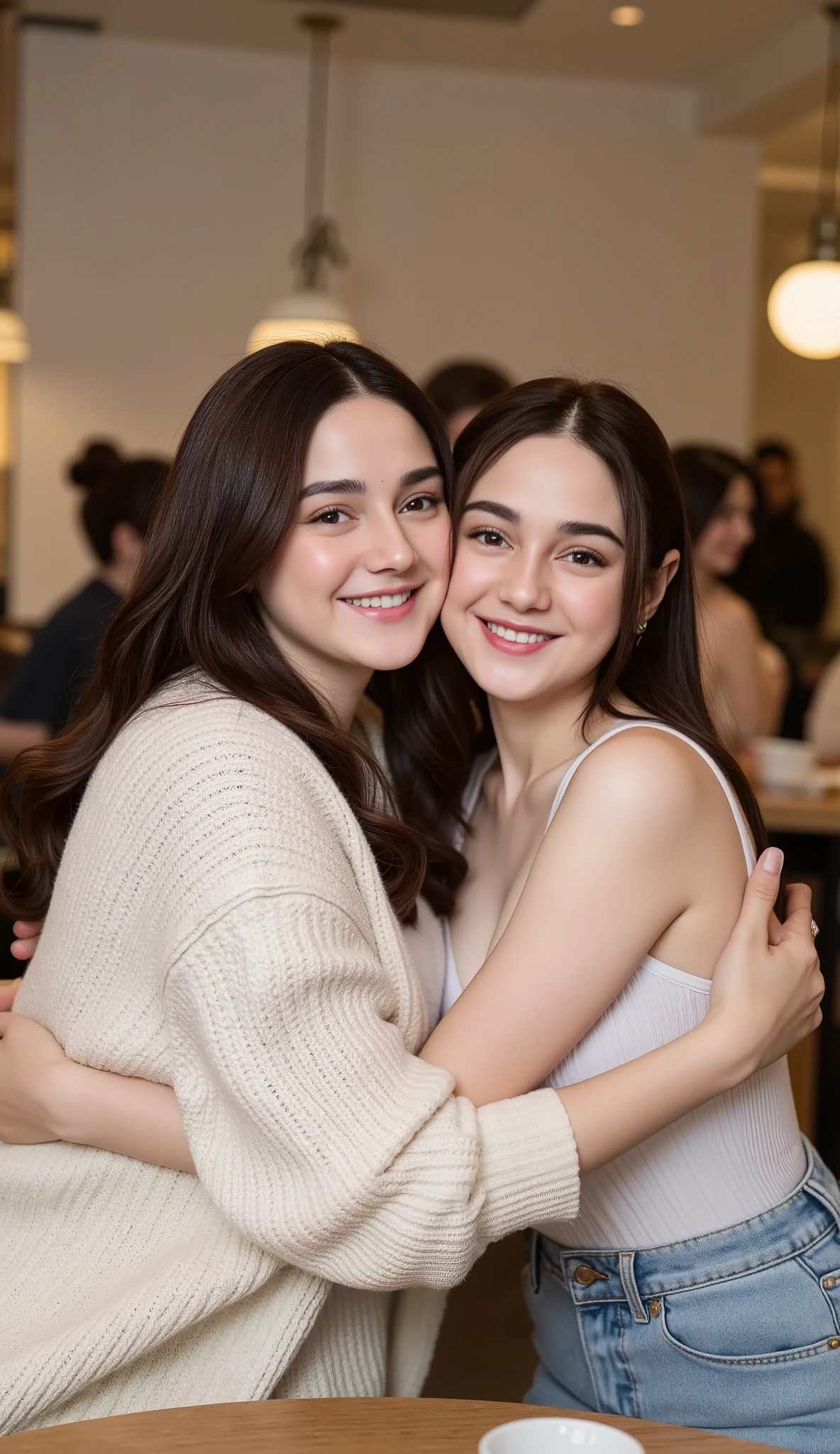 a pair of two women hugging each other in a cafe with happy smiling faces this afternoon, front and back pose. Ultra HD. Masterpiece