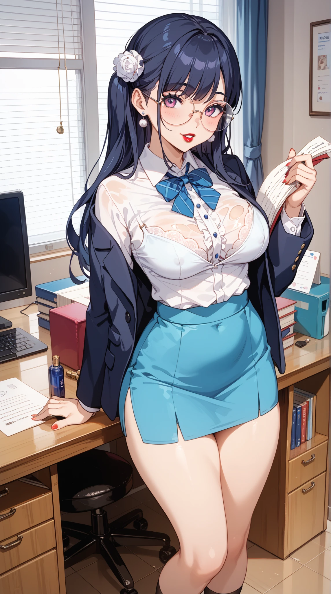 masterpiece,Highly detailed illustration,Ultra-precise expression,masterpiece,Highest quality,超High resolution,High resolution、(Big Breasts、Sweat、body fluid)、office,Blue Hair、,Blue jacket,White shirt,The chest is exposed,Spread your legs,M-foot:1.7,Job hunting suit:1.5,Ahega,Sexual climax:1.5, Pencil Skirt,High heels