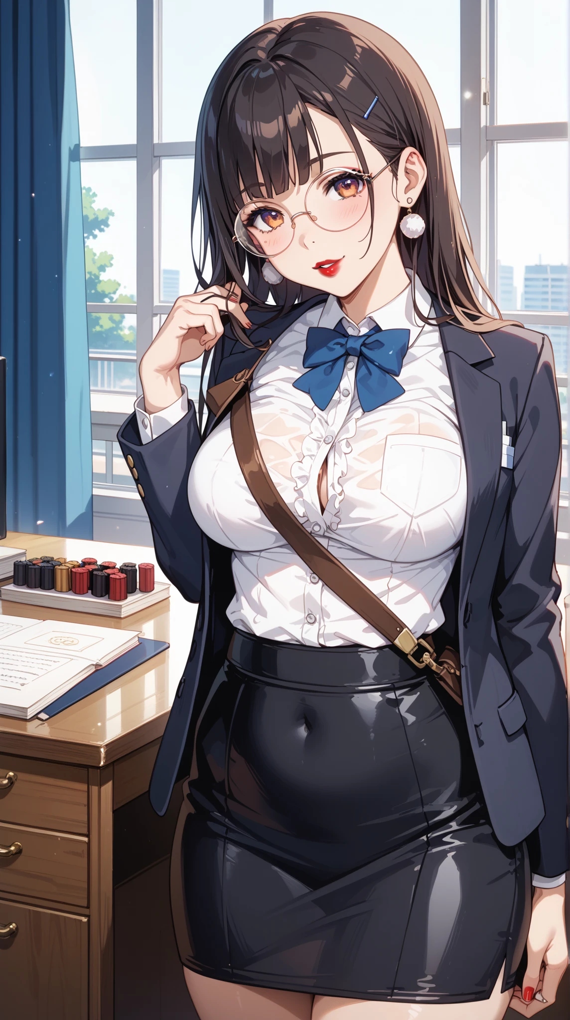 ((1 Woman, with a white mini blouse with Bhutan, with a black mini skirt with Bhutan, with white panties)),((brown hair)),((shallow eyes, with glasses, with a cute smile)), ((big breasts,((standing,behind a wooden service counter with books and paper on the counter,