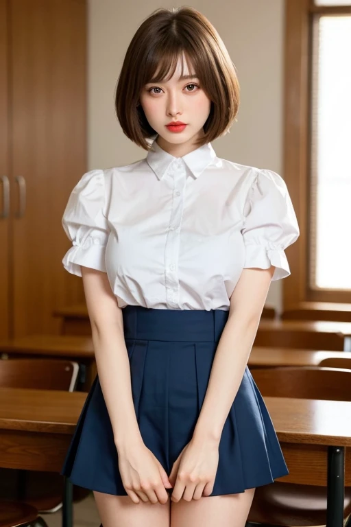 Masterpiece, bokeh, (Beautiful face), (Detailed face), (Japanese idle), (White brake shirt:1.3), (Dark blue Pleated skirt:1.3), (Blushed face:1.3), (Plump breast:1.2), (Dynamic pose on Steel bridge in construction site:1.5), (From below:1.5), (solo play:1.3)