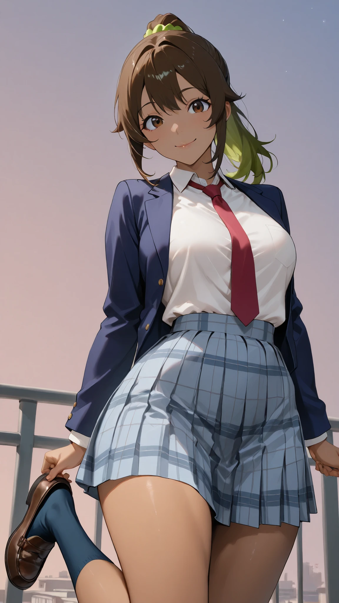 (masterpiece,ultra-detailed,best quality,8K,CG,realistic,illustration:1.2),(perfect-composition,detailed beautiful face,Clean skin,photographical skin,shiny skin,shiny hair, photographical hair,ultra detailed eyes,shaved,kawaii,uncensored:1.1),smile,medium hair, 1girl, solo, brown hair, brown eyes,winter school uniform, green bowtie, white shirt, yellow blazer, buttoned blazer,plaid skirt, green skirt,thigh socks,from below,smile,blushing,standing posture,cowboy shot,,glossy lips,outdoor , background sky