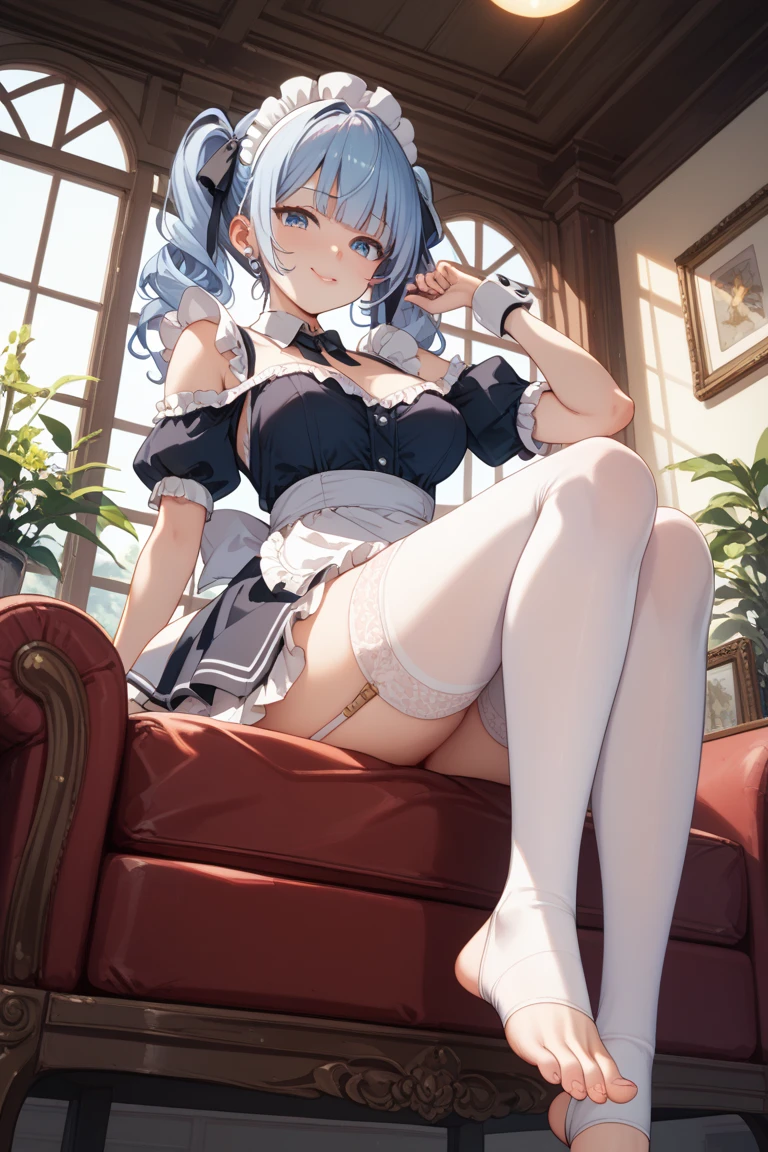 (masterpiece, best quality:1.2),illustration,8k,hd,1girl,solo,edinburgh (azur lane),adjusting eyewear,anchor hair ornament,anchor symbol,apron,bangs,bare shoulders,black footwear,black gloves,blue eyes,blue neckwear,blush,bow,braid,cleavage,detached collar,detached sleeves,dress,eyebrows,eyebrows visible through hair,frilled dress,frilled sleeves,frills,gloves,hair bow,hair ornament,kneehighs,lace,lace-trimmed apron,lace trim,lavender hair,long hair,long sleeves,maid apron,multicolored clothes,multicolored dress,neckerchief,puffy long sleeves,puffy sleeves,round eyewear,rudder shoes,sailor collar,shoes,silver-framed eyewear,small breasts,straight hair,strapless dress,tareme,twin braids,waist apron,white apron,white bow,white legwear,<lora:Edinburgh(azur)>,