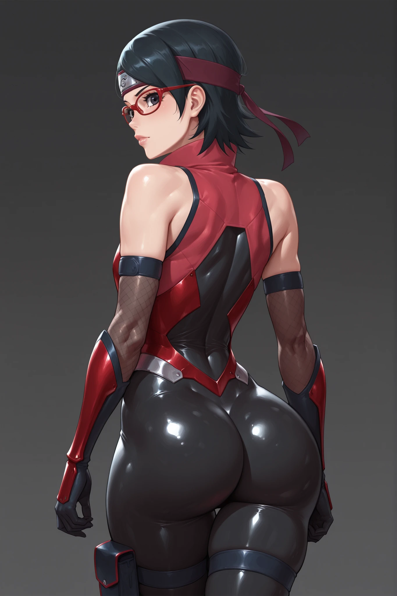 master piece, high quality, 4k uhd,hires,solo, Uchiha Sarada, black hair, slim_shoulders, black taimanin bodysuit, wide hips,, armored bodysuit, red armor, headband, thigh pouch, black eyes, red glasses, bubble butt