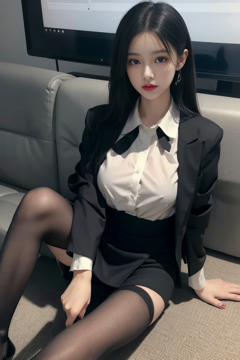 8K RAW photo, high resolution, ful body, 19 year old cool Korean, big round breasts, school uniform, tie, tie ribbon, blazer, skirt, beautiful eyes in detail, long eyelashes, beautiful double eyelids, eye shadow, slit eyes, sanpaku eyes, dark eye makeup, wide smile, open mouth, beautiful thin legs, ((black pantyhose)), black hair, long tail hair, round, earrings, hands behind head, bed, geek glasses, lying, show panties, spread legs, black panties, dark brown leather school shoes, legs, feets,