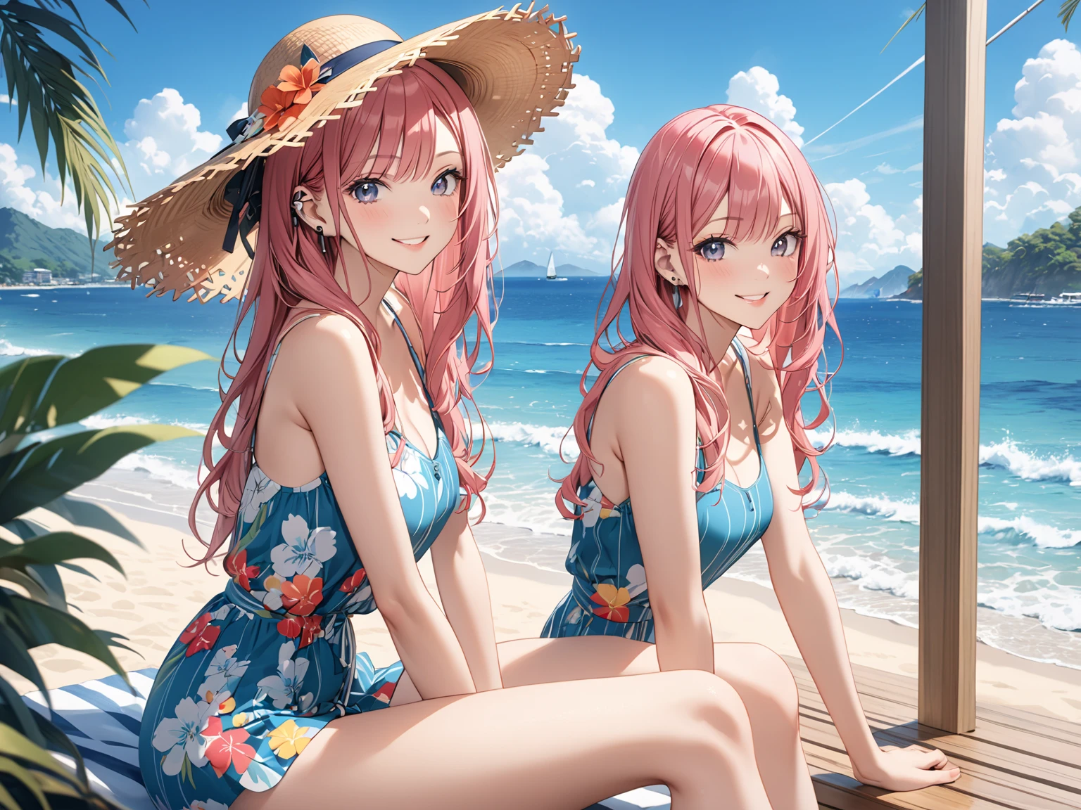 (Masterpiece, Best Quality, High Quality),Nishikino maki, Red hair, purple eyes, (freckle:1.2),moist skin,volumetric lighting, illustration, beautiful, a bow,upper body, (Light blue camisole:1.1), floral print, looking to the side,big breasts ,confident, seductive smile, (arms behind back, head tilt:1.1), heart pendant, perfect lighting, perfect shadows, flower, (breathtaking scenery:1.1), tree, blushing