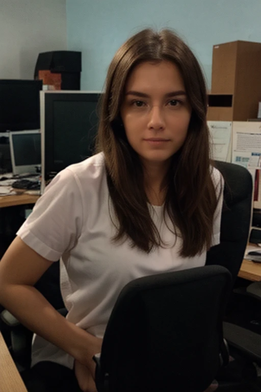 (POV). Beautiful (nations) lady with (hairstyle). Dressing in (colouring) polo shirt. She is podcasting in the studio. Very huge boobs
