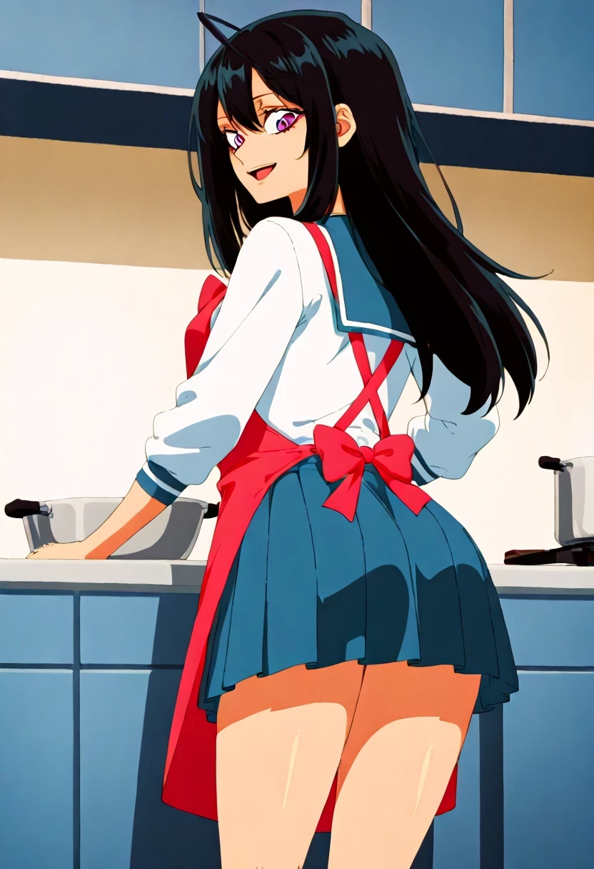 (1girl:1.5),
masterpiece,highest quality,Super detailed,32K,High resolution,an extremely delicate and beautiful,Official Art,Perfect Anatomy,
(Contrasting colors,octane rendering,Fully painted,anime coloring,anime screencap,Cel-shaded anime,retro artstyle:1.1),
perfect face,ultradeTailed eyes,beautiful,sexy,supermodel,athletic body,shiny skin,Dramatic light,(scale to fit the dimensions:1.2),((slightly narrow eyes:1.3)),
yonagi_kei,purple eyes,black hair,long hair,ahoge,school uniform,serafuku,red bowtie,white shirt,long sleeves,pleated skirt,
 (apron), cooking, kitchen,smile,open mouth,(from behind:1.5),