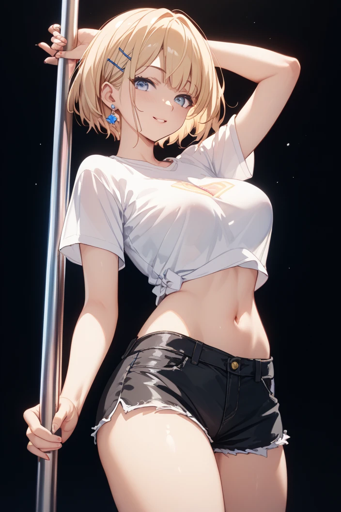 Masterpiece,Highest quality,8K,Ultra-high resolution,appropriate margins,Fits on camera,BREAK,1 person,Very beautiful adult woman,Slim body,Very large breasts,BREAK,Golden Hair,mascara,Red eyeliner,Light pink lip,Thick upper eyelashes,Thin eyebrows,BREAK,Light purple eyes,BREAK,Embarrassed,Shy smile,BREAK,short hair,Wearing hair in one ear,Ragged hair,BREAK,Maid clothes,Belly button,BREAK,Eyes meet