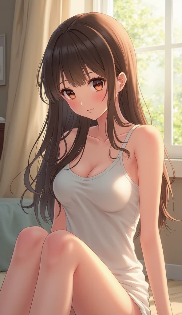(best quality, highres), older syster type adult woman, perfect brown eyes, long hair, swept-side bang, [[[brown hair]]], blonde hair, living room scene, casual clothes, cleavage, ultra-detailed, soft light, vivid colors