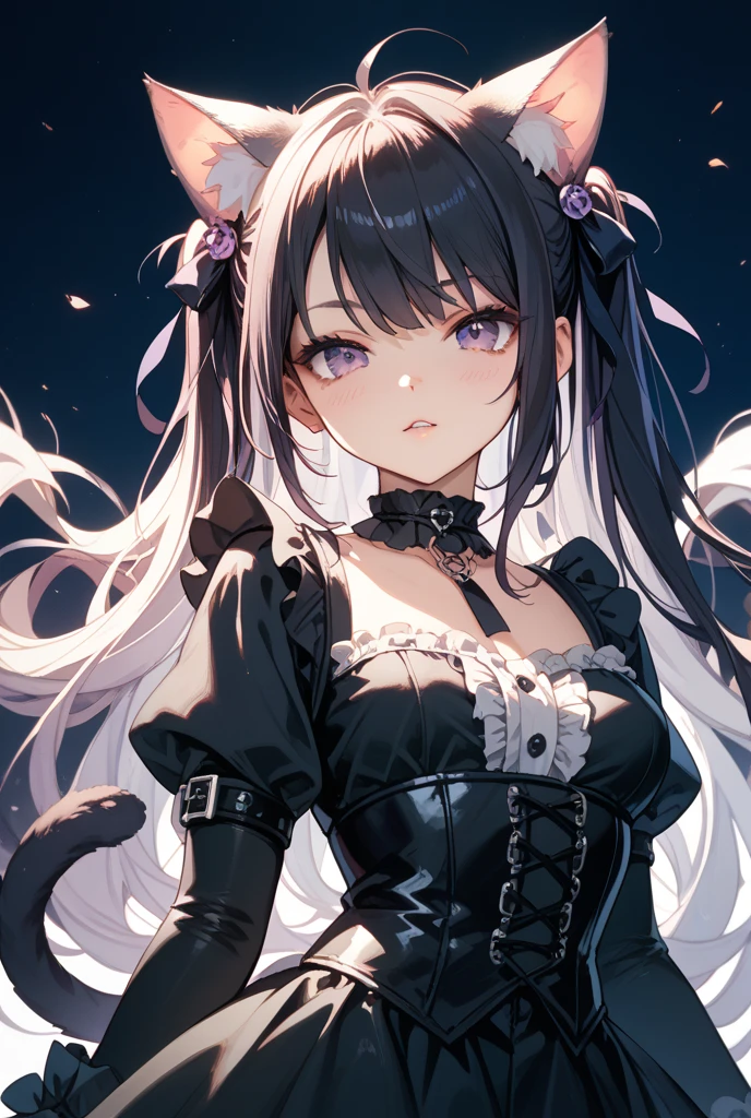 best qualityer,tmasterpiece,Ultimate resolution,downy,Extremely colorful,Colorful,Elven girl,full bodyesbian,Black and white double ponytail,Lolita long dress, White stockings Long legs,Muffin shoes,closeup of face
