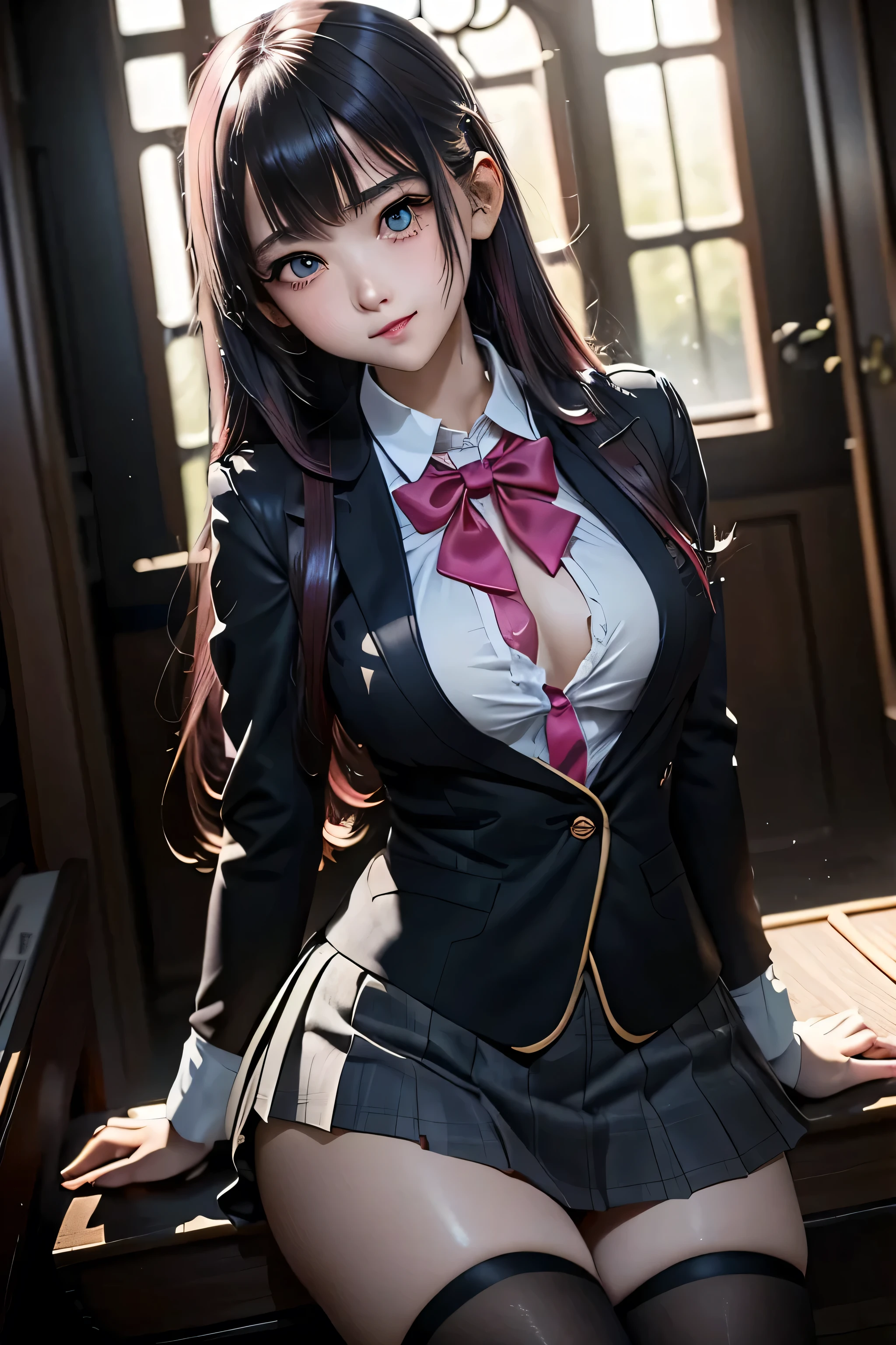((8K,RAW photos,top Quority,tmasterpiece),HD RAW color photo professional close-up Photograph,(realisticlying,realisticlying:1.37),(HighestQuali),(Best shadow),(Most Best Illustration),鎖骨((The large)),((,Raised sexy,超高分辨率,HD CG unifies 8K wallpapers,physically-based renderingt,cinmatic lighting),(aegyo sal:1),18 years old girls,(grey blazer,Ribbons,sockes,High School Uniforms:1.2),high school classroom, beatiful detailed eyes,Light on the face,((full body shot shot:1.2)),Particularly bright light,(Upper Eye,grinning smile:1.2),shiny skins,(((Purple hair big breasts,wavy and long hair:1.2))),(thick thight),ulzang-6500-v1.1:0.2,is shy,(flash lights:1.2),Sexual seduction,(puffynipple),((tempting pose:1.2,big breasts enchanting:1.2)),(Idle),(Sit at a desk in the classroom:1.2)),((Good anatomy:1.2)),((Bright and refreshing classroom,The background is blurred out: 1.2)),s the perfect face,cute face,(high-angle shot:1.2)