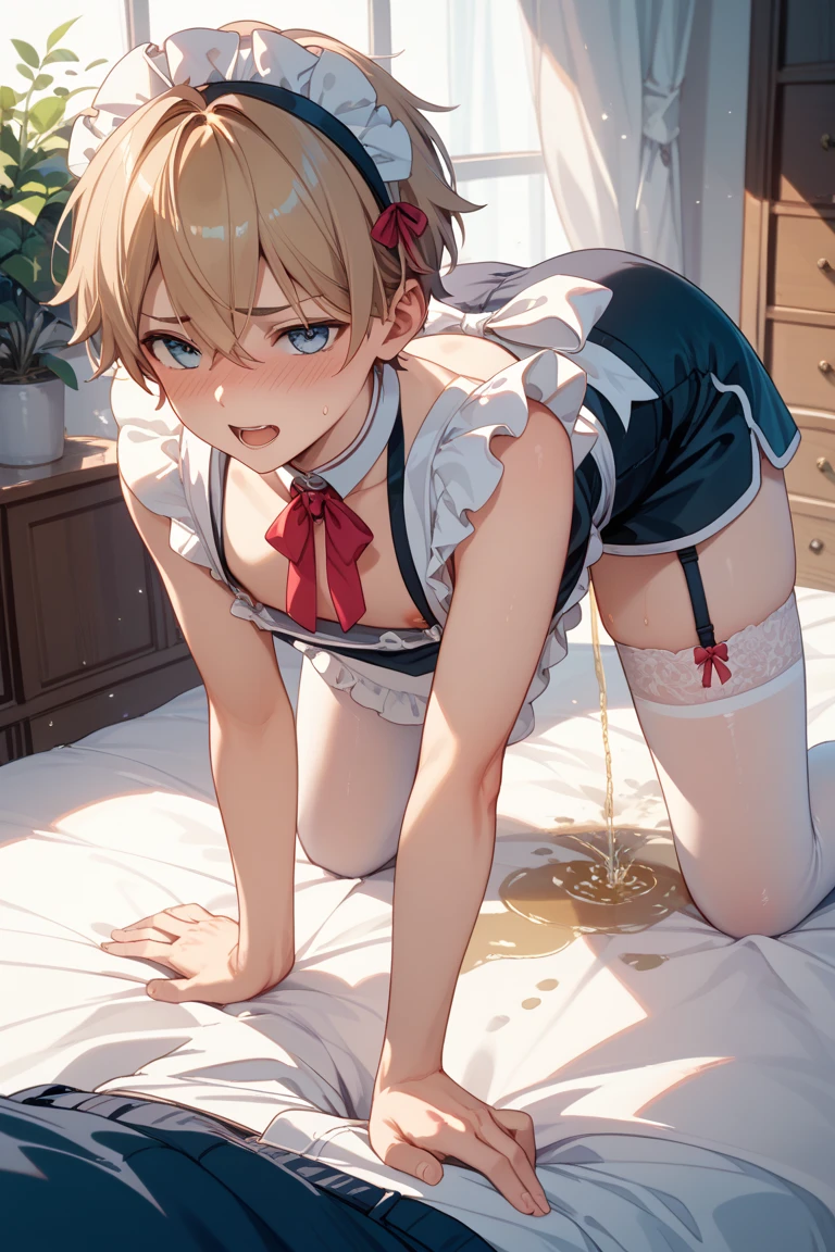 Browsing Caution,(Petite),(Cute man's daughter),((Penis in the crotch)),(((Cum in underwear))),blonde low twintails,Maid clothes,(Solo masturbation),Ecstasy face,Erotic sound effects,((Nipple climax))