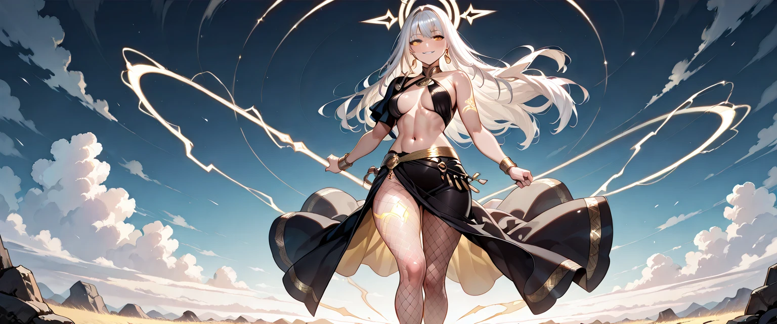 Black anime girl with long white hair in a white outfit, yellow eyes, with a sword, impatic genshin style