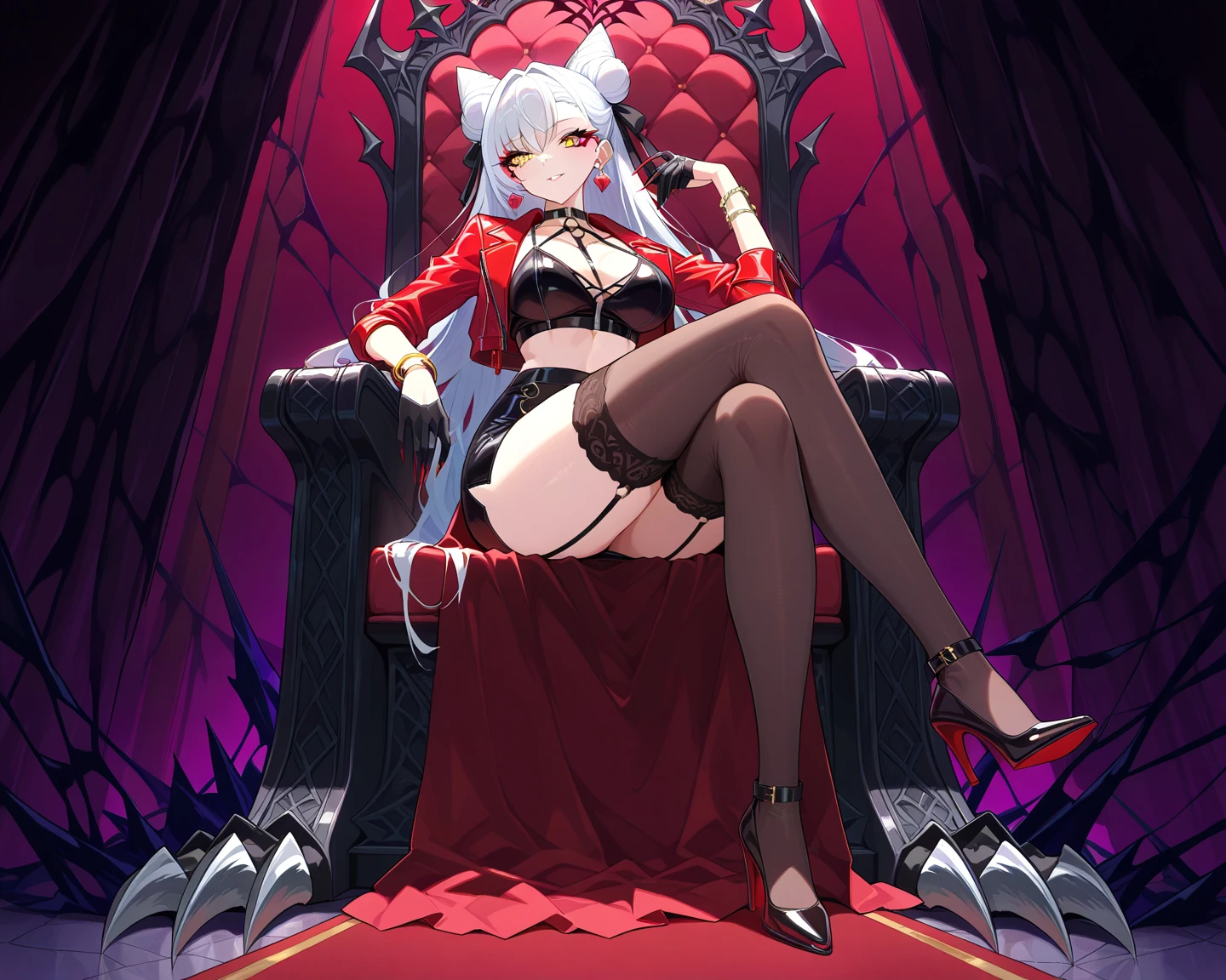 1girl, arm garter, black tail, breasts, demon girl, demon horns, demon tail, formal, gloves, horns, long hair, looking at viewer, [lucifer (helltaker)], mole, mole under eye, red eyes, sitting, smile, solo, tail, white gloves, white hair, white horns, full height, curvy build, mature body like a milf in a Black bikini right in bed with his hands raised above his head in slight embarrassment, thin and delicate girlish fingers, Deep face, [hellish office in red colors], lying in bed, [top view], the whole body is visible 