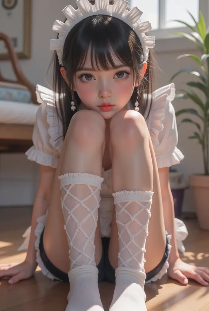realistically, 1 girl, ponytail, brown eyes, glowing eyes, white short skirt, Blush, daytime, sun light, Strapless, Wet from the rain, Seethrough, Sit with your knees raised, pussy, crotch, nipples, shy, armpit