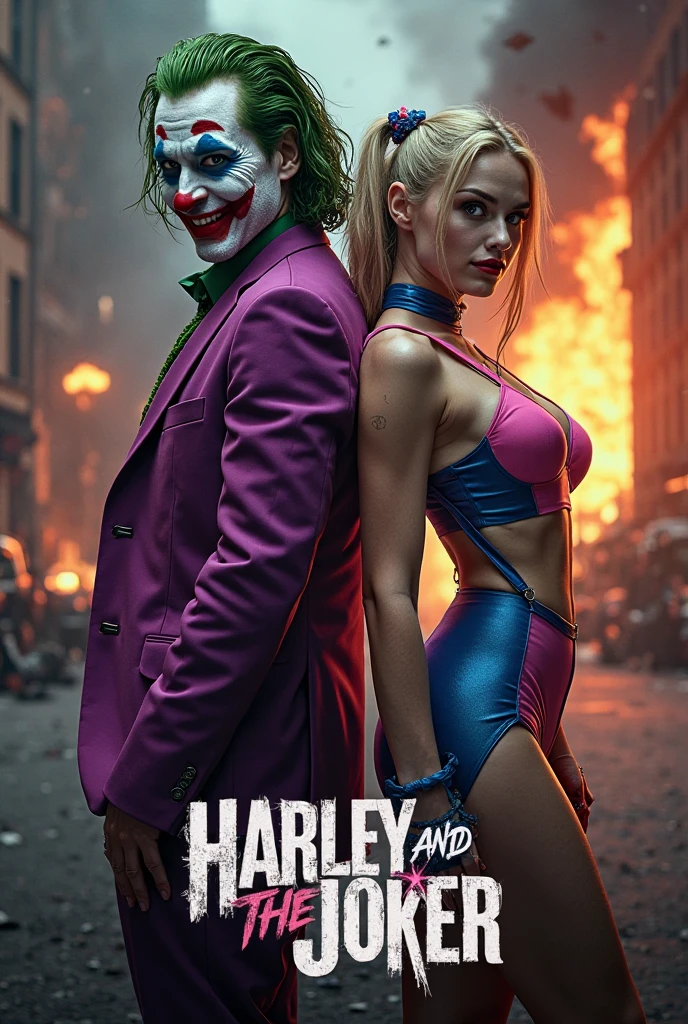 The joker is sitting and the camera is from the back and the batman's car is written in green with hello and Harley Quinn is lying on top of it and is shaking his baseball bat.