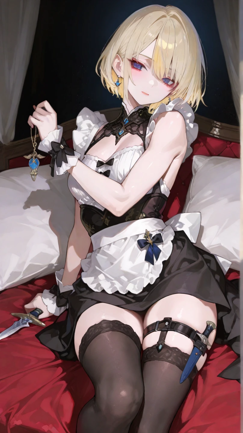 Slim woman wearing glasses、Show your underwear、Sheer lace underwear、Long maid outfit、Mami Tomoe、smile、Bedroom、Are standing