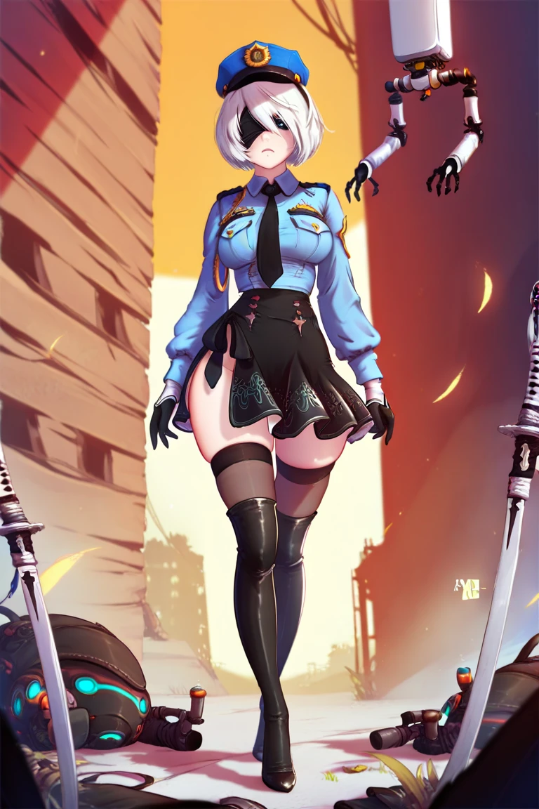 masterpiece, best quality, high resolution, solo, standing, adult woman, light blue clothes, police uniform, black hair, bat wings, short hair, blue eyes, evil smile, evil smile, miniskirt, police uniform, jail, jail, late night
