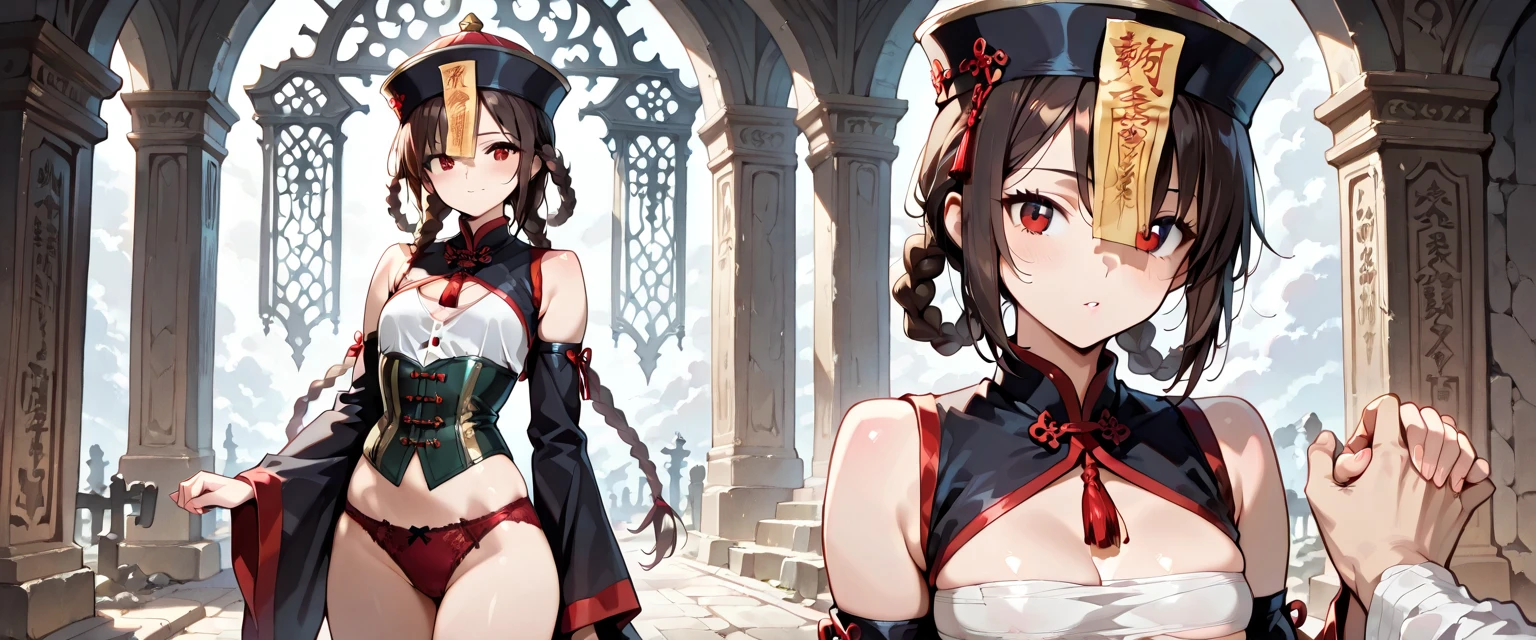 medieval setting, full view of body, 1 skinny female with large breast, beatiful smokey green eyes, black hair pinned up, off-shoulder midi dress, red scarf around her neck, eerie sunset