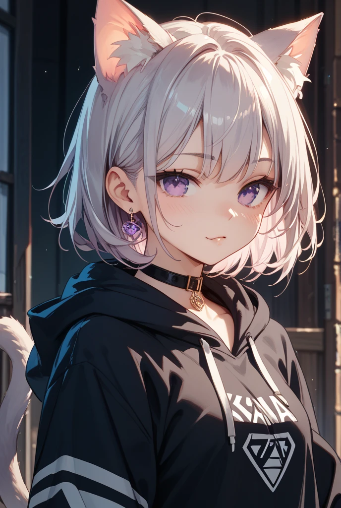 masterpiece, best quality, 1girl, slender, brown eyes, (portrait), medium hair, wavy hair, (hair over one eye:1.3), (gray hair), cat ears, sad,(facing viewer), (looking away), (black Hoddie), medium breasts ,<lora:ClothingAdjuster2:-1>, night, wet floor, outdoor, lake, visible through hair, (close-up view:1.2),