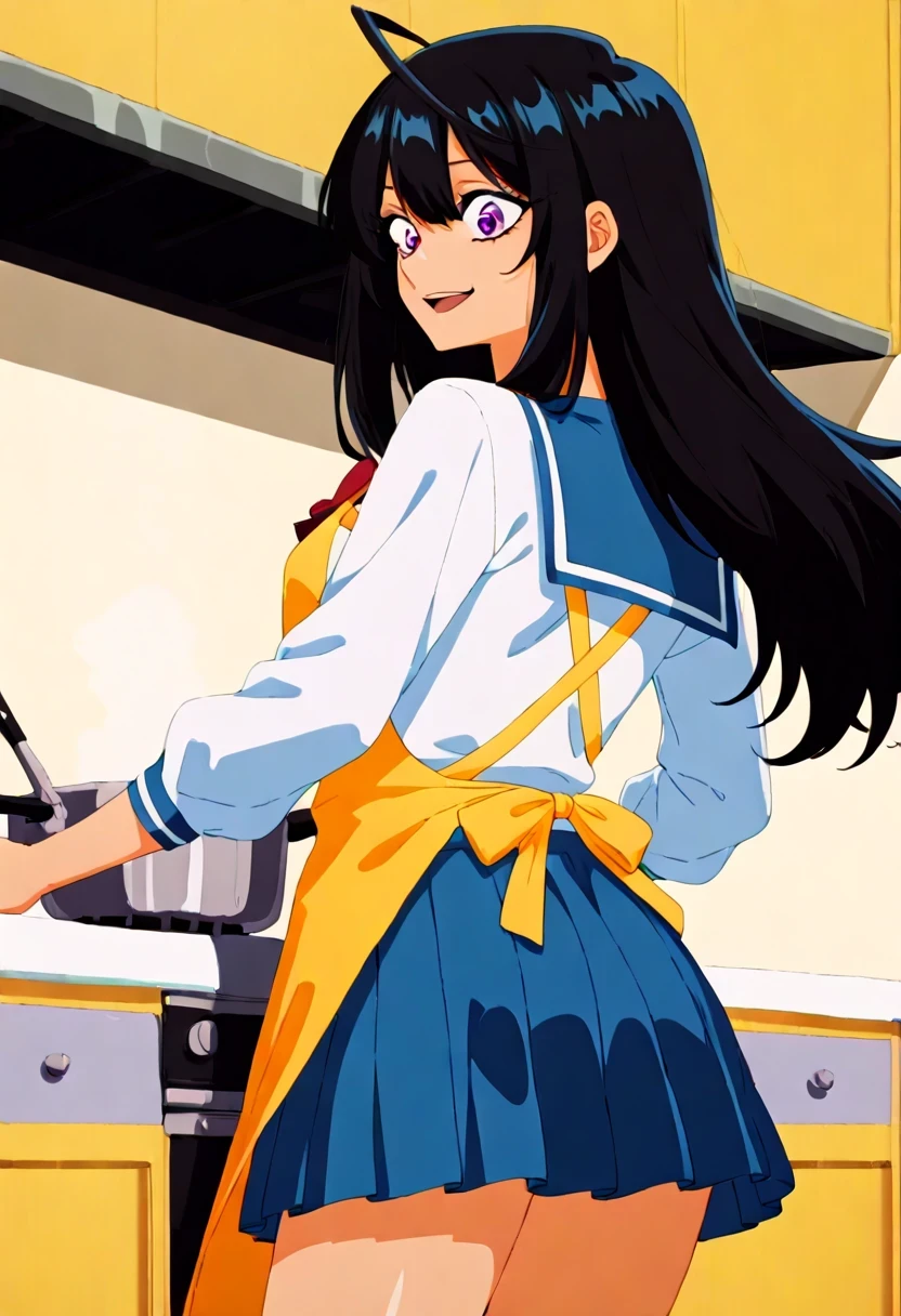 (1girl:1.5),
masterpiece,highest quality,Super detailed,32K,High resolution,an extremely delicate and beautiful,Official Art,Perfect Anatomy,
(Contrasting colors,octane rendering,Fully painted,anime coloring,anime screencap,Cel-shaded anime,retro artstyle:1.1),
perfect face,ultradeTailed eyes,beautiful,sexy,supermodel,athletic body,shiny skin,Dramatic light,(scale to fit the dimensions:1.2),((slightly narrow eyes:1.3)),
yonagi_kei,purple eyes,black hair,long hair,ahoge,school uniform,serafuku,red bowtie,white shirt,long sleeves,pleated skirt,
 (apron), cooking, kitchen,smile,open mouth,(from behind:1.5),