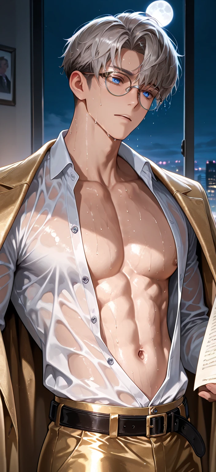 (masterpiece, best quality),  2 boy, young man，Shyness blush，musculous, short blue purple and pink-orange hair, Dark gray eyes, complex, (dress room), full bodyesbian, strange uniform, space suit,, Open light purple jacket, Pectoralis abdominal muscles，vivd colour,(depth of fields:1.2),(abs),Be red in the face，looking at viewert，A piano，spread their legs，