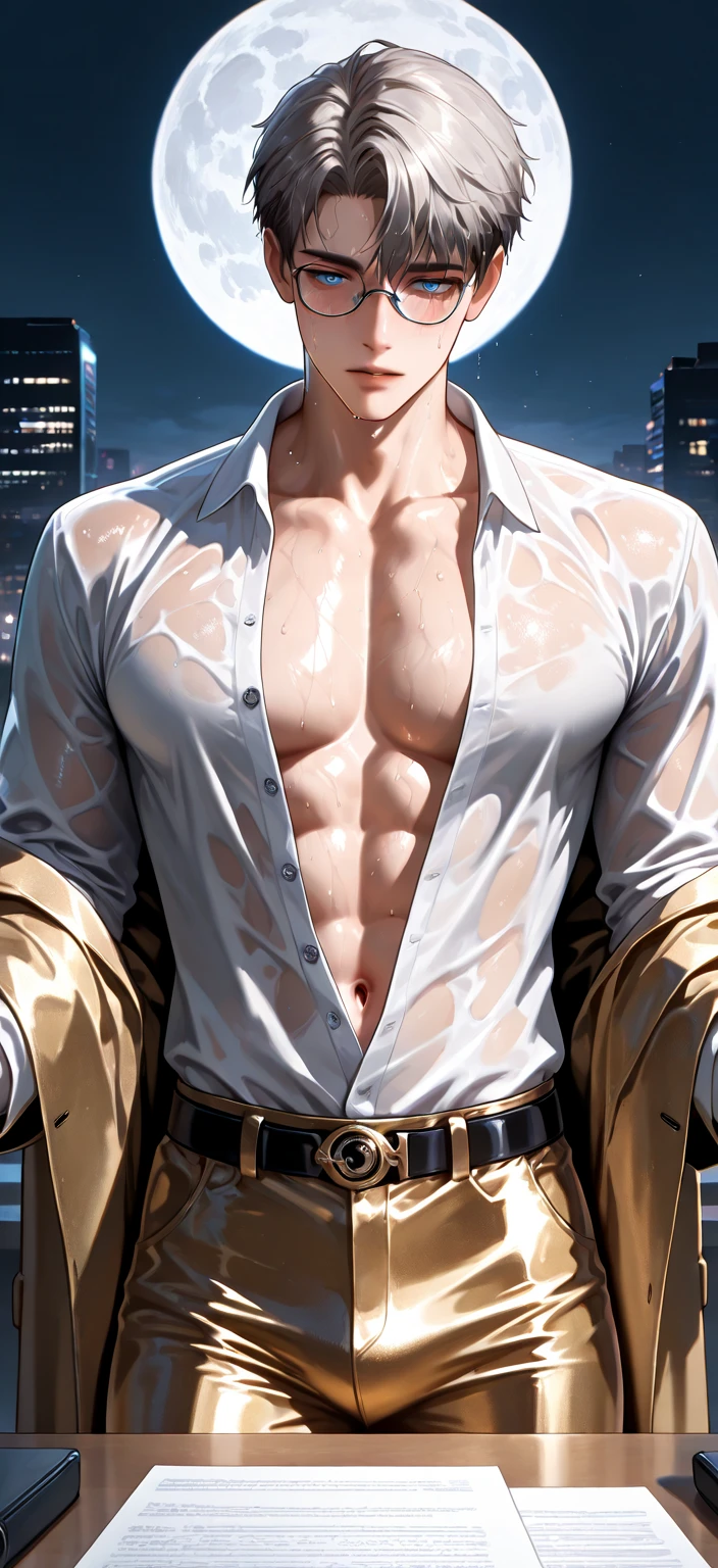1man, short hair, toned, beard, baseball cap, shirtless, hairy body, gold chain necklace, open jeans, lamp post, masterpiece, best quality, high-res, ultra detailed, tokyo, night, (driving a motorcycle on the street), looking at the camera, front view, dynamic pose, (ripping his shirt open:1.3)