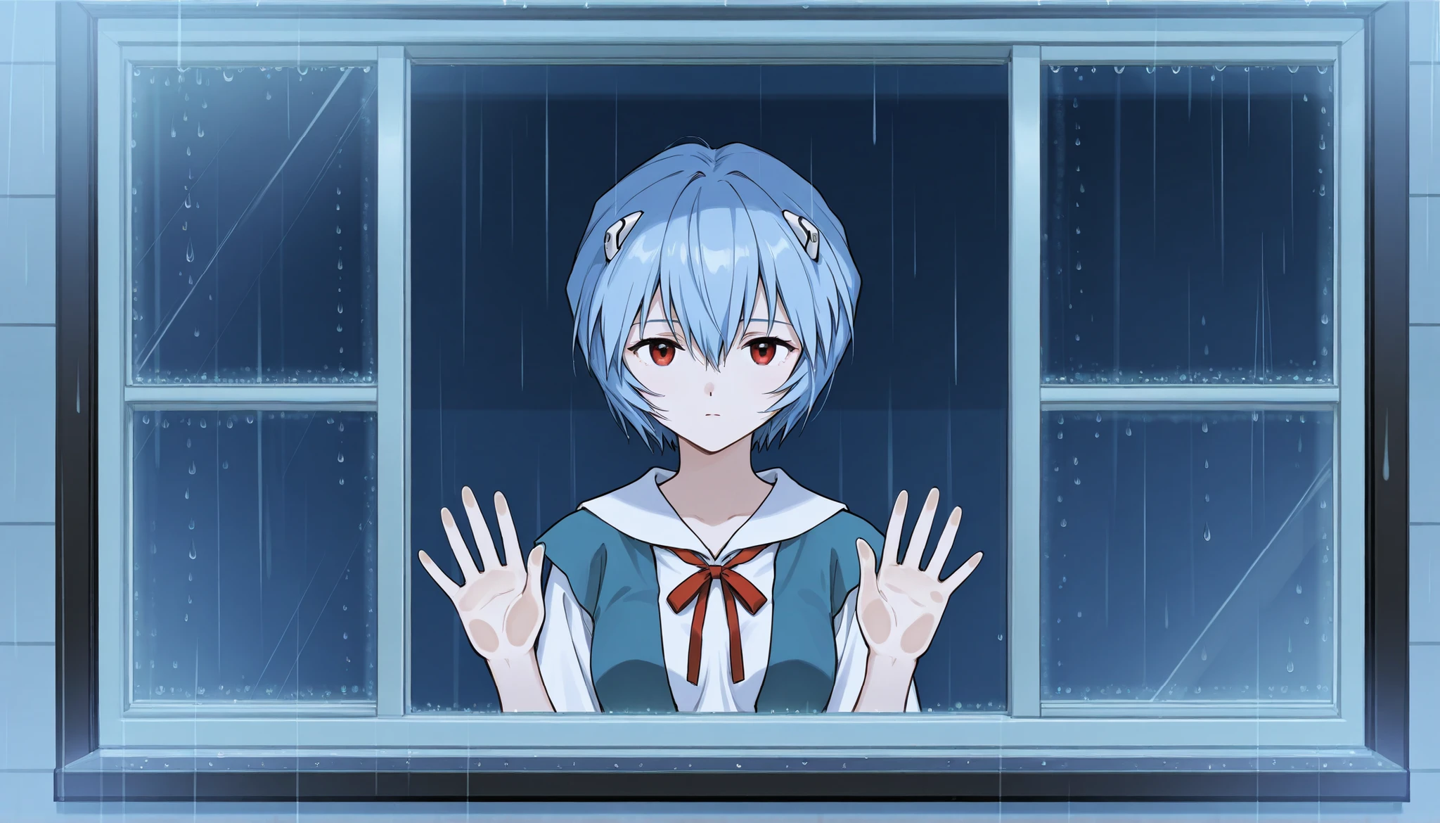score_9_up, score_8_up, 4k, absurdres, detailed, 1girl, solo, girl focus, ayanami rei, expressionless, rain, from outside window, raindrops on glass, rainy day, off-center composition, behind glass