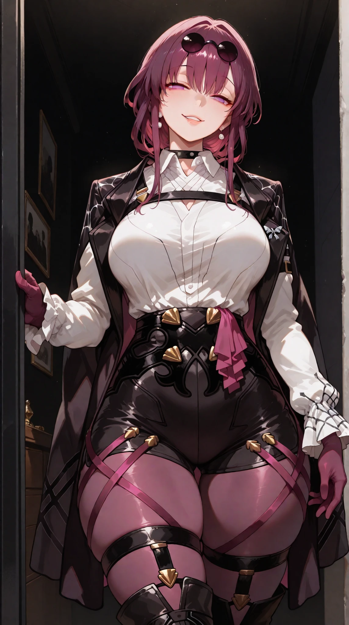 best quality, masterpiece, fuchsia_hair, steampunk_dark_glasses, noble_steampunk_dress, looking_down, upper_body, hair_strand, Fair_skin, short_hair