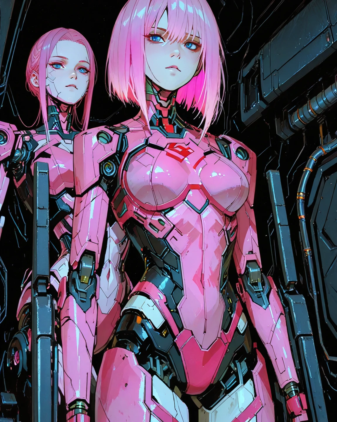 complete body shot,retro futuristic flat background,masterpiece, best quality, 1girl, solo, retro futuristic cyborgwoman, seamlessly blending mechanics and elegance. fit, small breasts, blueish skin, with magenta hair, fashion modeling pose, form fitting pastel yellow and pink with black colorblocking gundam suit-like-armor,kitty_ear headpiece, happy, wild pink punky hair, humanoid face with bigger eyes and some cyberparts holding a retro futuristoc space-gun, plain background, intense colors, Anime, Cartoon, Comic Book, Concept Art