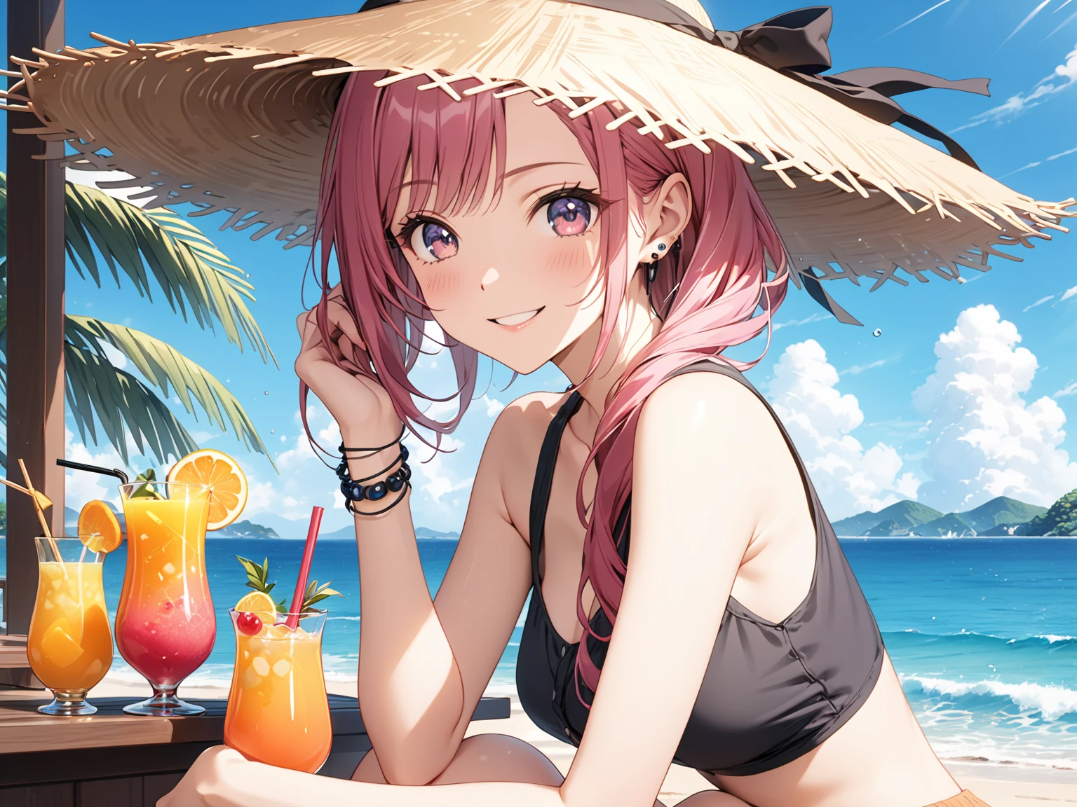 Seaside　One piece swimsuit　Drinking juice　Wearing heart sunglasses　Pink long hair