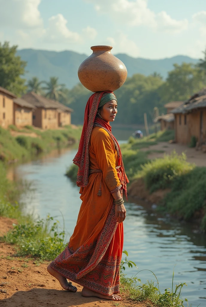 Beautiful Typical indian village ragpicker young woman carrying a large chubby man on her head nearby a river 