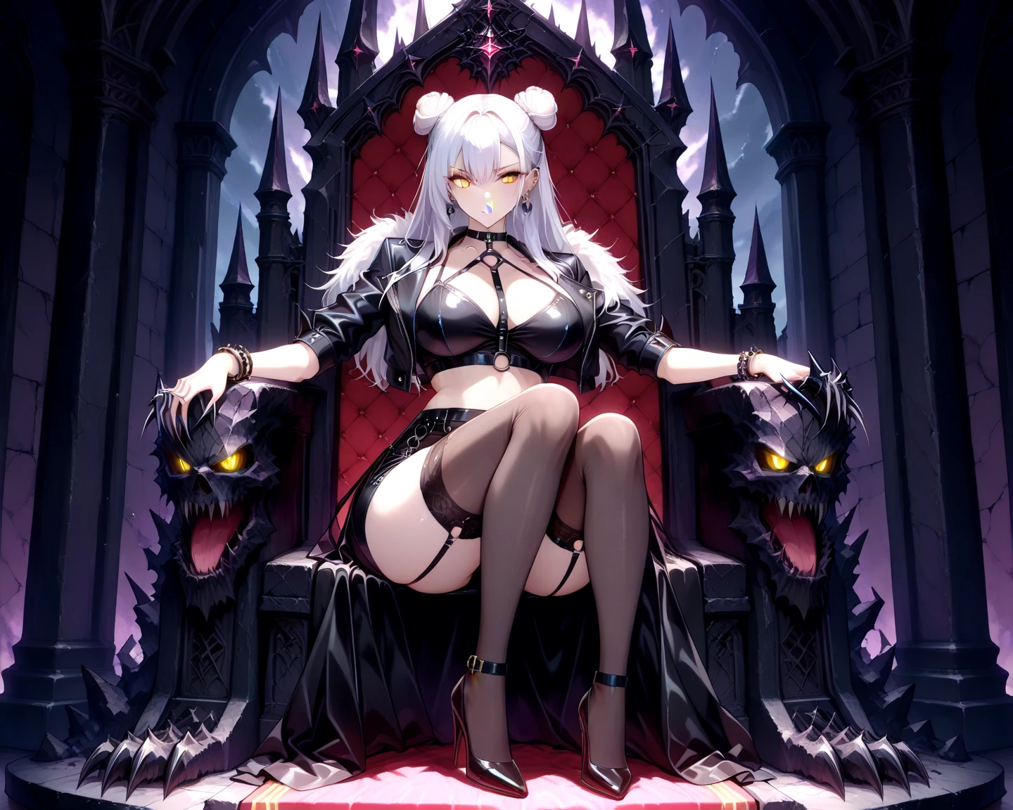 devil, female devil, girl devil, (2 girls), long nails, horn, long ears, red eyes, dark makeup, Goth Makeup, blurry makeup, swollen lips, lip whole, glossy lips, corvy, huge breasts, (slut:1.8), (overflowing breasts), deep cleavage, wide hips, huge ass, thick thighs, attraction, sexy pose, I&#39;m proud, high heels, thigh strap, (see-through micro bikini), micro bikini, thin fabric, super tight, throne, thronee room, big areola, areola slip, areola bulging through clothing, Sweat, Sweating, (No panties), (No bra), drooling, saliva, masterpiece,(best illustrations), 8K resolution, intricate details, highest quality, realistic, super detailed, best writing, best shadow, ultra hd, detailed background, beautiful eyes, fine eyes, ear piercing, lip piercing, chest piercing, body piercing, tongue piercing, uterus tattoo, body tattoo, devilの胸の入れ墨, thigh tattoo, NSFW、camel toe、huge tit、Nipple Puffs、cleavage、Plump、Super big breasts、super big butt