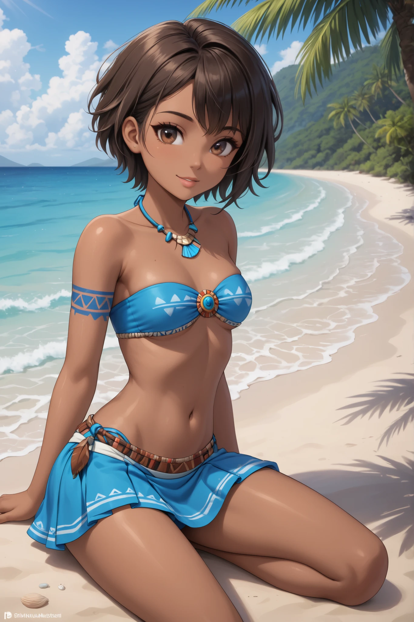 masterpiece, best quality,  yamibouquill, dark skin, hair flower, front-tie top, sarong, leopard print, bracelet, large breasts, strapless, cowboy shot, looking at viewer, jungle, sky, clouds, mountains