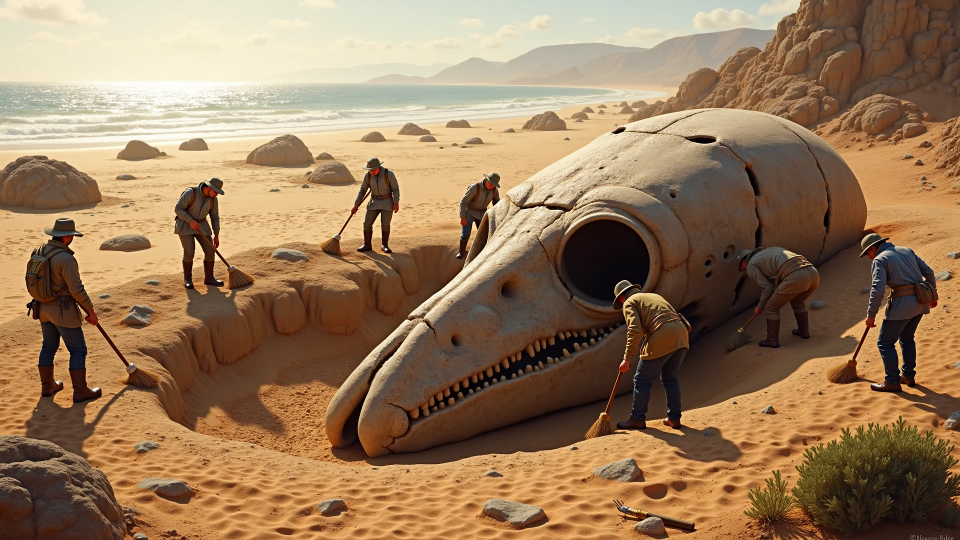 Barren beach with white sand, shipwrecks left on the sand, and animal skeletons scattered around.