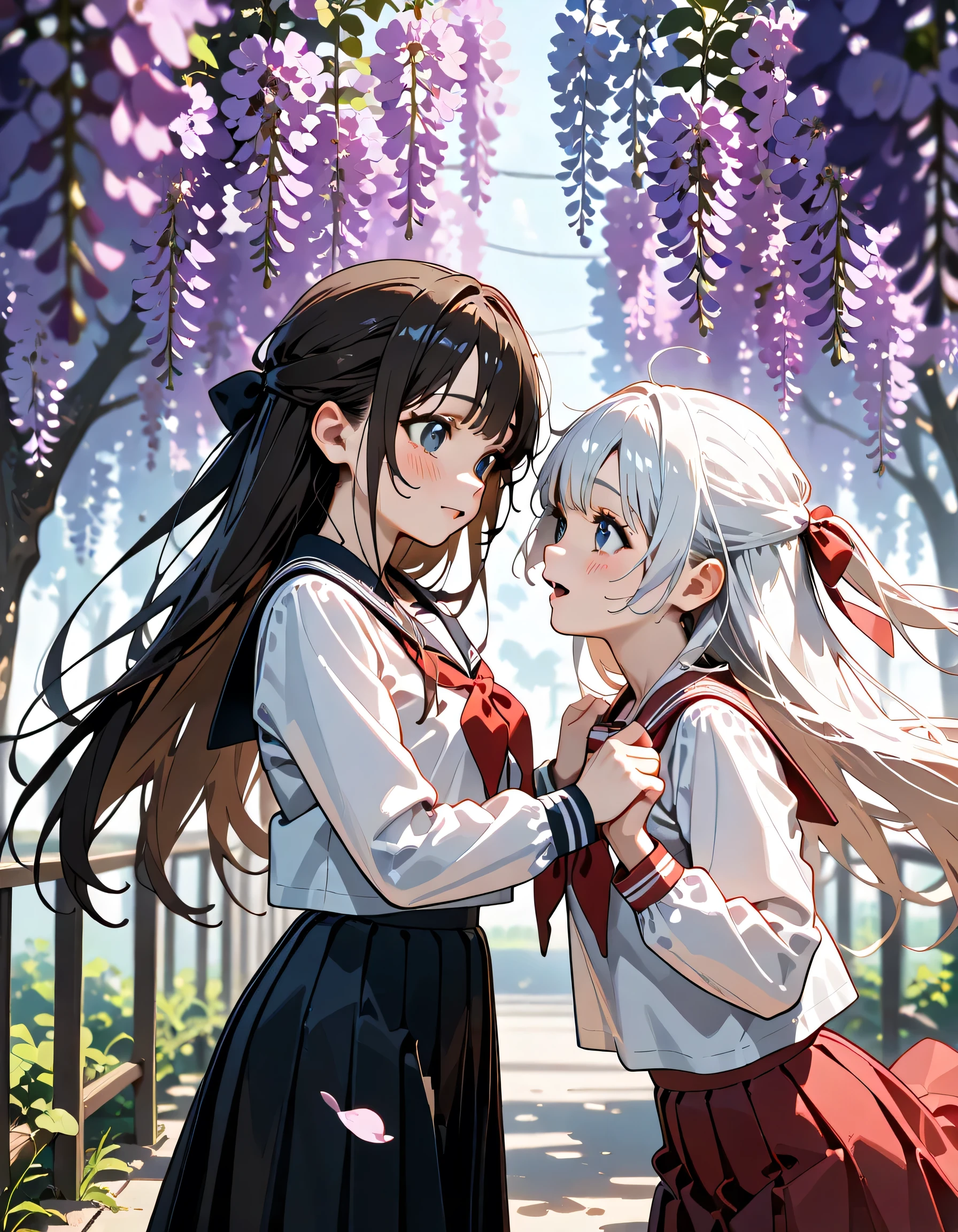 (score_9, score_8_up, score_7_up), source_Anime, absurd_res, white, blue, black, 2girls, duo, upper body, super fine illustration, an extremely delicate and beautiful, best quality, masterpiece, 8K, spring setting, wisteria flowers, gentle breeze, sunlight filtering through trees, (long silver hair), (two side-up), (blue eyes), ultra-beautiful girl, (long black hair), (half updo:1.2), brown eyes, (wearing glasses:1.2), (round eyewear:1.2), (round_glasses22A), ultra-beautiful girl, blushing faces, surprised expression, embarrassed reaction, skirts lifting from sudden wind, hands desperately holding skirts down, dynamic pose, soft fabric movement, fluttering petals, warm and bright atmosphere, soft lighting, delicate color palette, detailed clothing folds, flowing hair, lively spring vibe, highly detailed rendering, breathtaking composition,