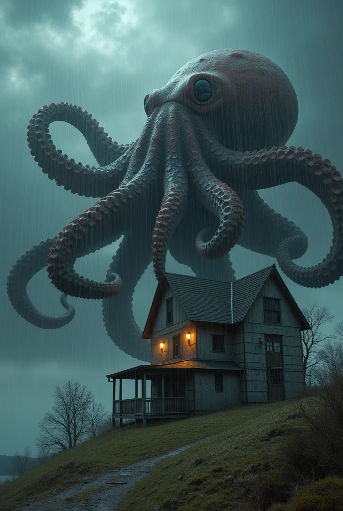 A giant octopus is entangled around a house on a hill in the heavy rain. It's vivid and grotesque