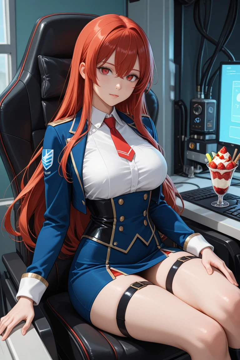 My name is Hikaru, I am a white test doll with long red hair and black eyes. I am 1.60 cm tall and weigh 56 kg. My breast sizes are 300 cm, my waist is 60 cm and my hips are 200 cm. Dressed in a long blue jacket and a garter belt along with a black thong. With big breasts 310 cm . Sitting in a desk chair