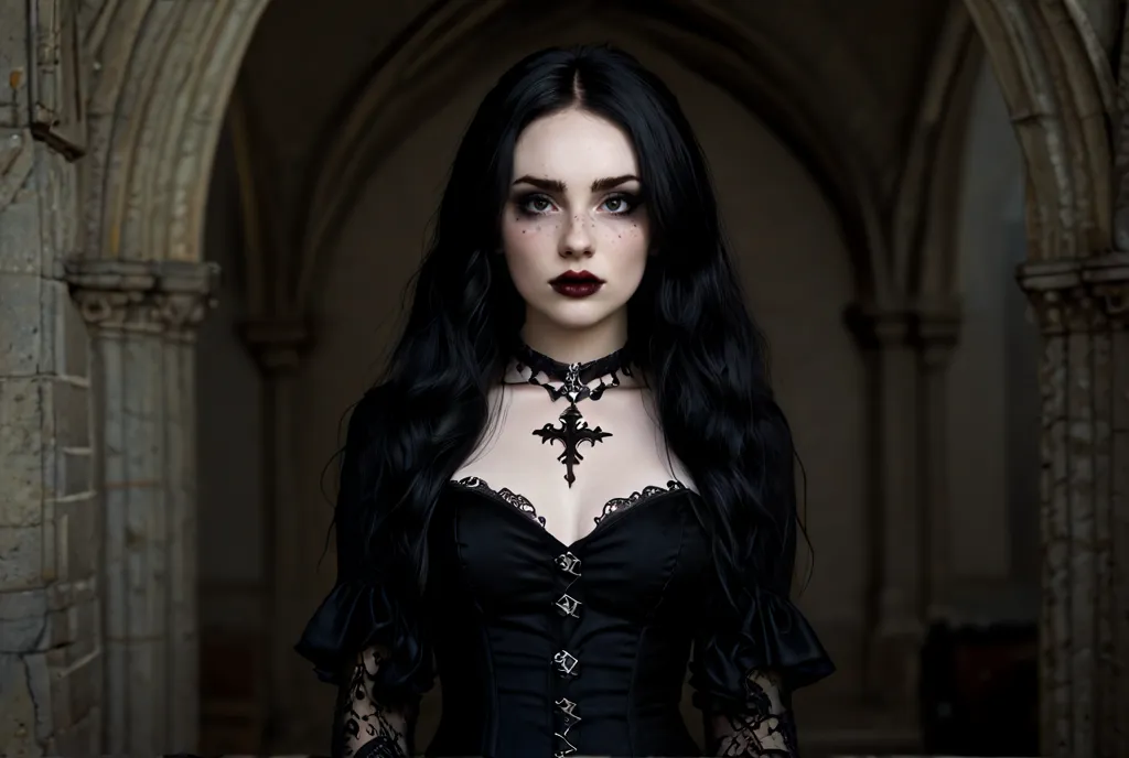 1 European gothic woman, pretty face, long straight hair, ultra detailed face and eyes, hyperrealistic, realistic representation, 30 years old, she is wearing black gothic clothing